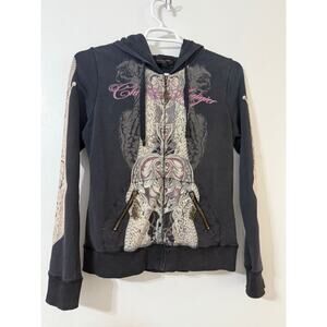 Vintage Christian Audigier Women’s Y2K Tattoo Graphic Full Zip Hoodie - Size Med